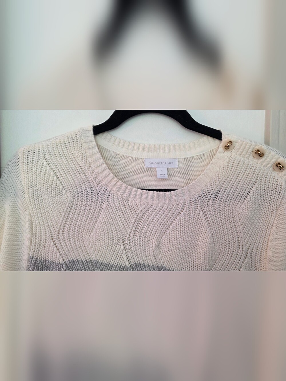 Charter Club Cream, Gray, Pink & Black Cable Knit Colorblock Sweater - Picture 2 of 3